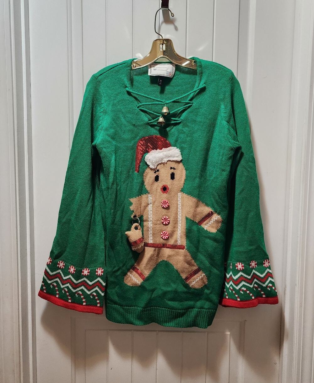 Gingerbread Man & Bells Ugly Christmas Sweater Party Holiday Size M